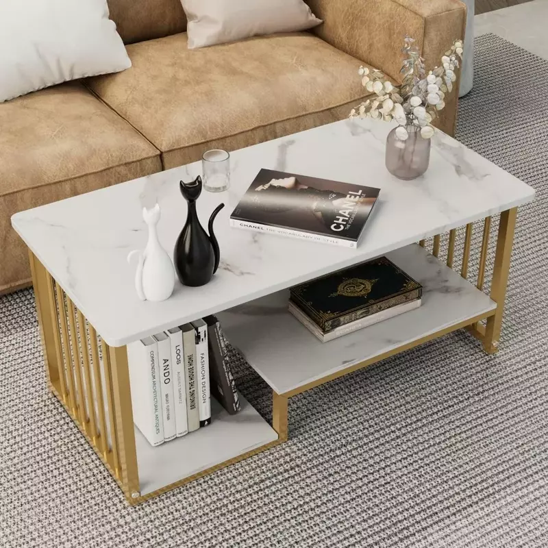 LISM-mesa de centro de mármol de imitación, estante lateral de 2 niveles para café, comedor, sala de estar, apartamento, madera para sofá
