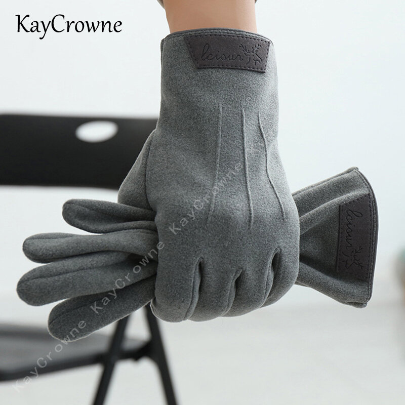 KayCrowne-guantes de terciopelo a la moda para hombre, manoplas de dedo completo, cálidas, a prueba de viento, para conducción, con pantalla táctil Vintage, para invierno, G372