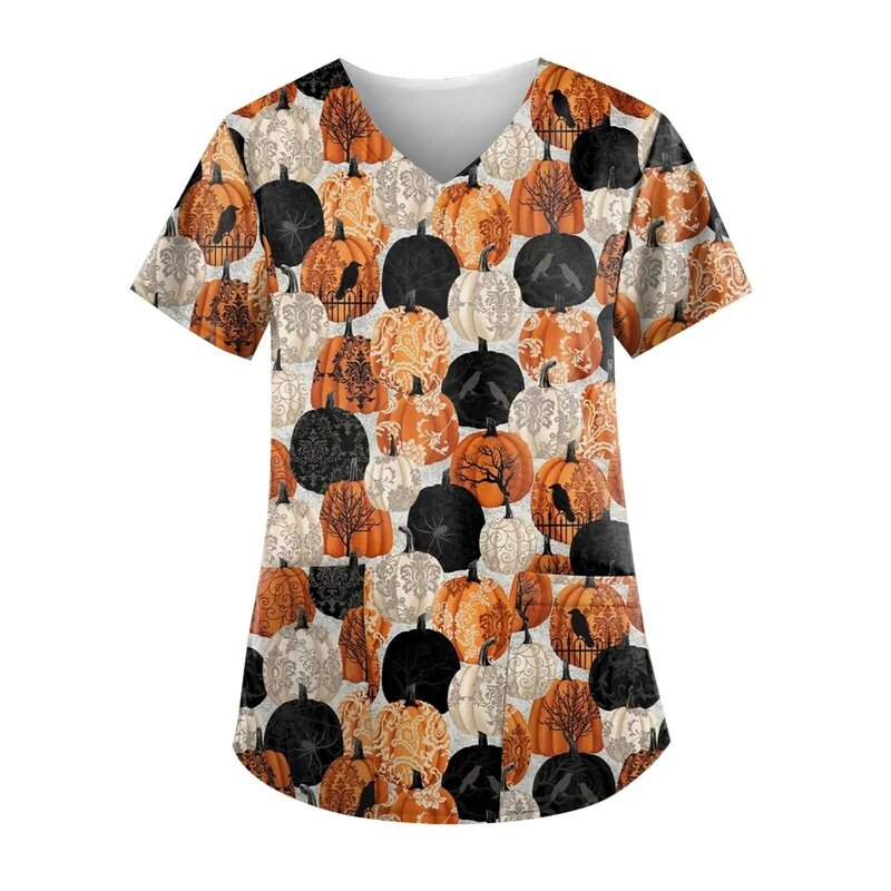 Scrub moda Casual da donna top Halloween stampato manica corta con scollo a V uniforme da allattamento camicetta Holiday Fun Graphic Tshirts