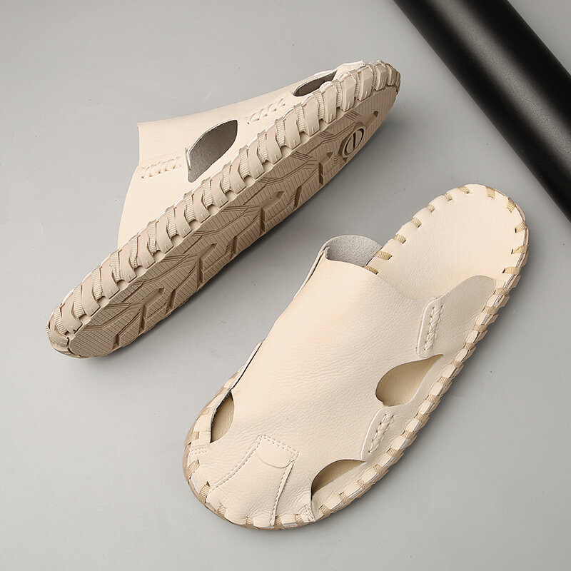Chinelos de malha tecida para homens, chinelos estampados em couro, sapatos de verão, sandálias plataforma, moda em casa