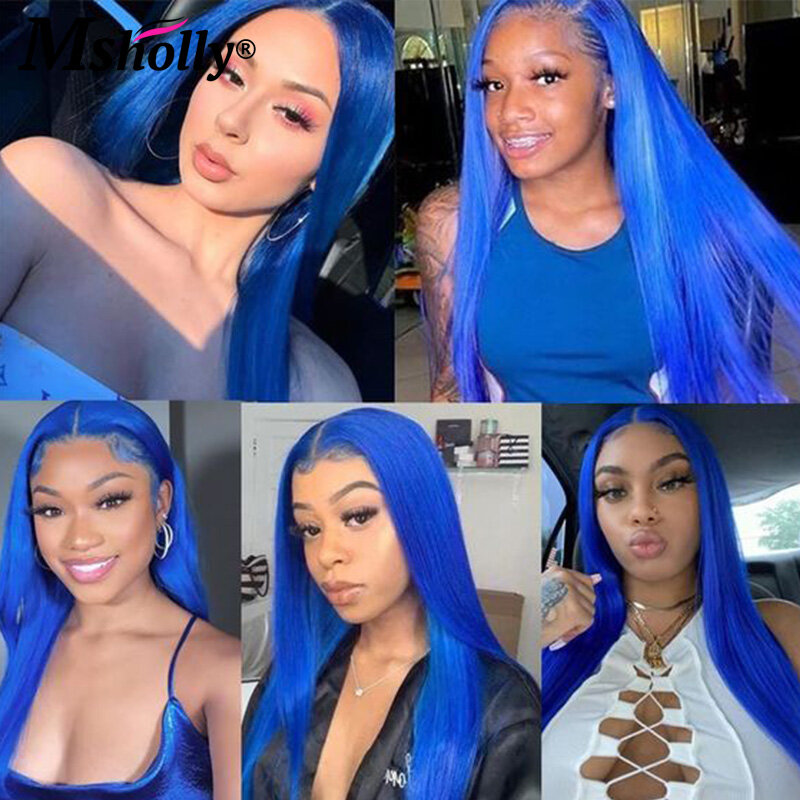 Sophia-Perruque Brésilienne Naturelle Remy, Cheveux Lisses, Bleu Marine, 13x4, HD, pour Femme