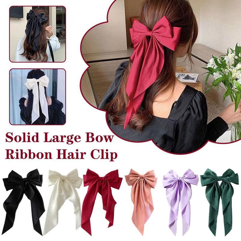 Elegant Soft Large Bow Ribbon Hair Clip Fashion Solid Satin Hairpin Hair Headbands Accessories Girls Spring Clip Ponytail S R1T0