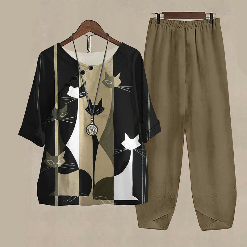 HOT Middle-aged And Elderly Women's Pants Suit Summer Short-Sleeved T-Shirt Tops Wide-leg Pants Two-Piece Set Casual Outfit Suit