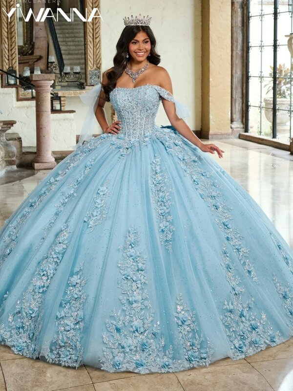 Wdzięczna kokardka Quinceanrra suknie balowe aplikacja Shinny 3D kwiat księżniczka długa słodka sukienka 16 Vestidos