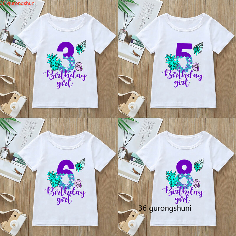Novo 2-9th aniversário meninas tshirt bonito sereia impressão gráfica camiseta roupas para crianças t moda kawaii roupas de verão