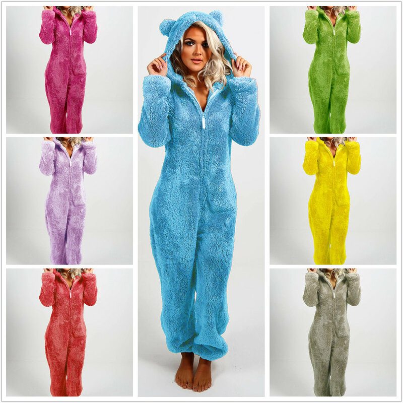 2024 autumn and winter women's plush and thick jumpsuit home hooded pajamas