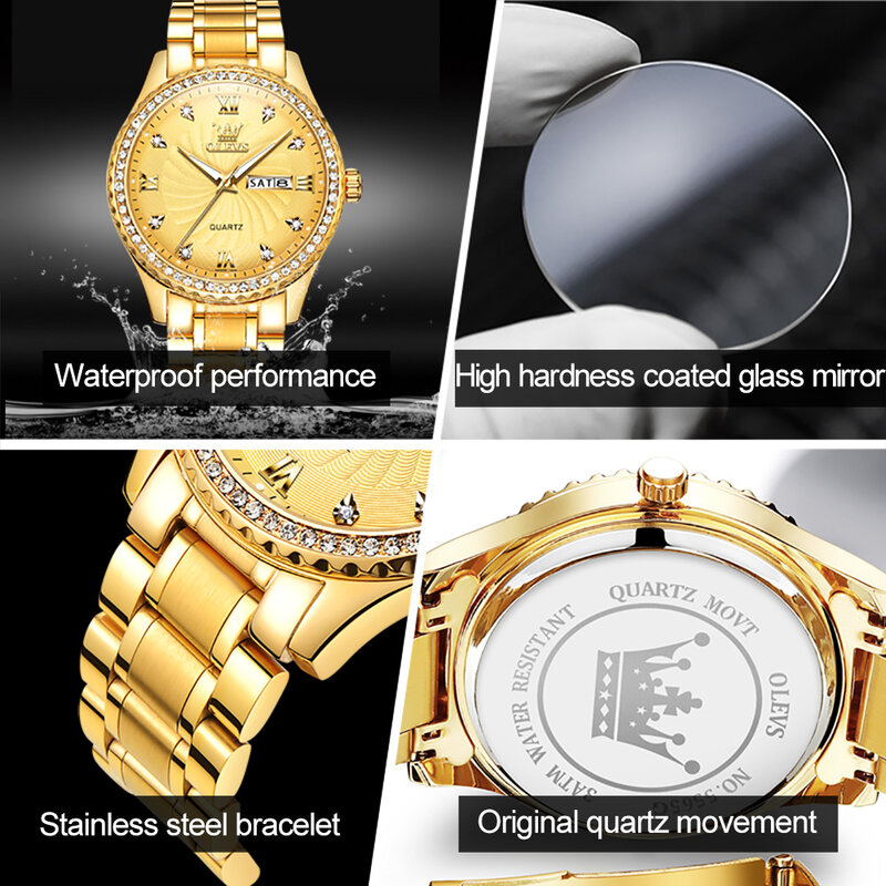 OLEVS-5565 스테인레스 스틸 스트랩 쿼츠 남성 손목 시계, 골든 다이아몬드 박힌 럭셔리 비즈니스 방수 야광 시계