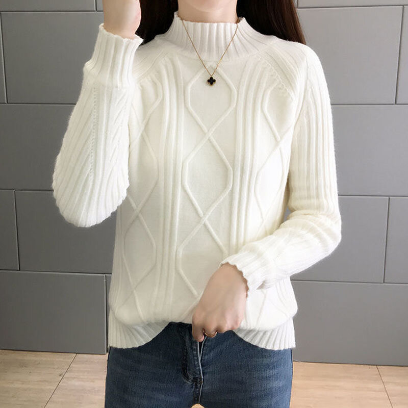 Suéteres de punto de lana para mujer, suéter cálido de manga larga con Cuello medio alto a la moda, Color liso, Otoño e Invierno