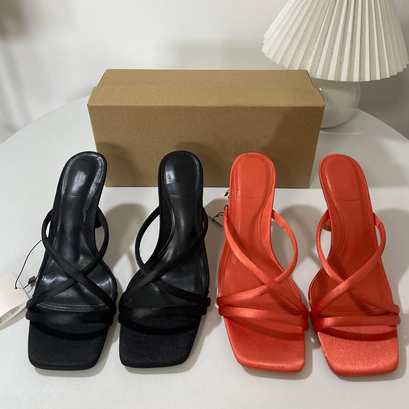 2024 Fashion Women's Shoes High Heel Slim Strap Square Headed Open Toe Back Open Line Strap Open Heel Sandals for Women