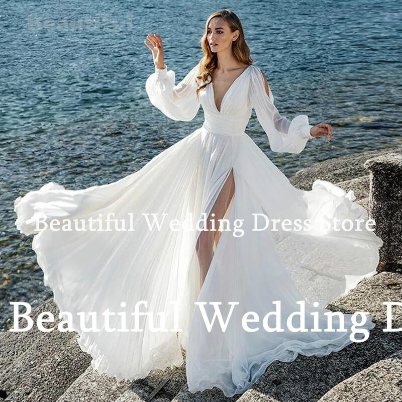 Neues Brautkleid mit V-Ausschnitt für Frauen Einfache lange Ärmel A-Linie Chiffon boden langes Brautkleid lange Vestidos de Novia 2024