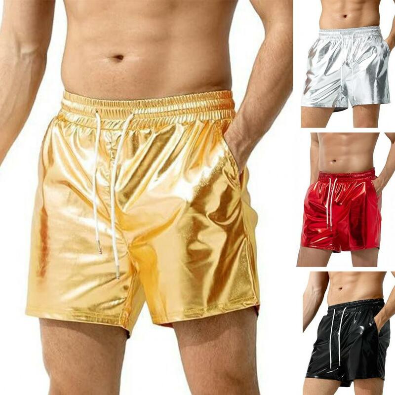 Shorts de superfície lustrosa masculino com cordão ajustável, shorts de praia perna larga, elástico na cintura, verão