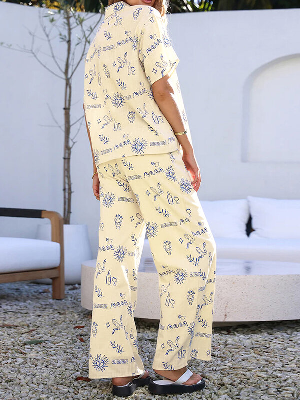 Women 2 Pieces Casual Pants Outfits Pattern Print Button Up Lapel Shirt Tops Wide Leg Pants Sets for Streetwear Beach Loungewear