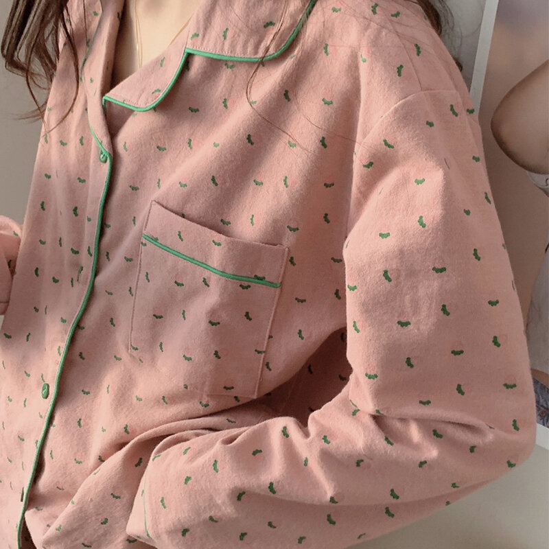 Pijama coreano com impressão coração para as mulheres, pijama de algodão, manga longa, cardigã negligee, conjunto de verão