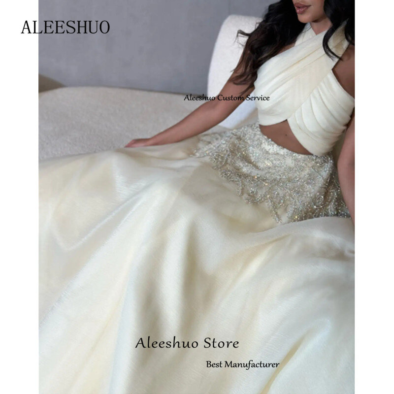 Изысканное Тюлевое вечернее платье Aleeshuo в стиле Саудовской Аравии, ТРАПЕЦИЕВИДНОЕ ПЛАТЬЕ С Лямкой на шее, без рукавов, расшитое бисером, блестками, платье для выпускного вечера