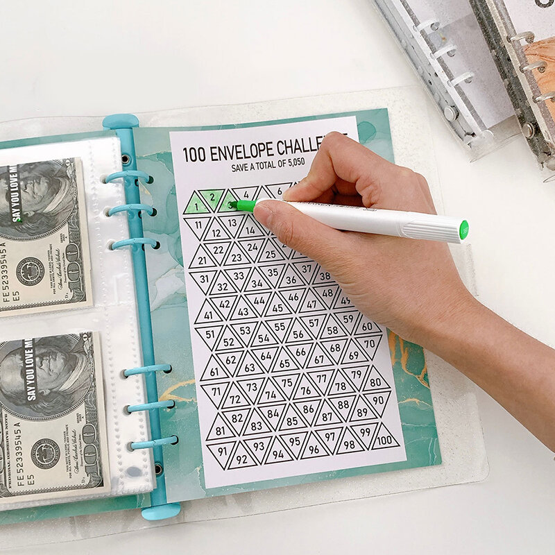 1Set 100 Day 100 Envelope Challenge Marble Pattern Loose-leaf Savings Notebook Saving Money Binder Cash Budget Storage Book Gift