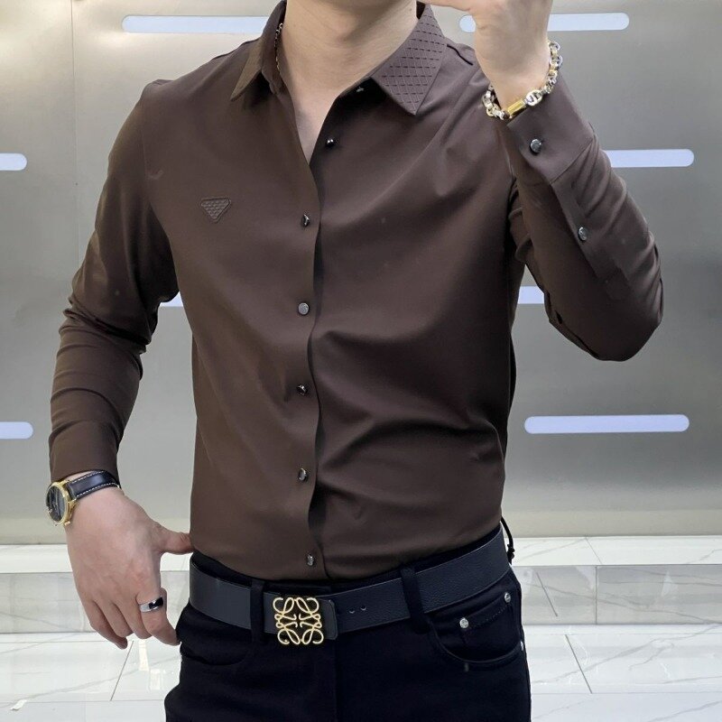 Lente Zomer Nieuwe Smart Casual Dun Shirt Heren Effen Revers Knoop Slank Koreaanse Mode Eenvoudige Trend Veelzijdige Lange Mouwen Top