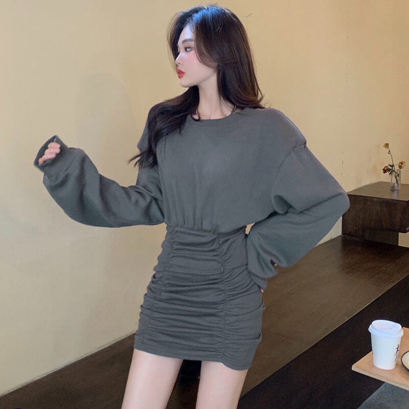 Ruched O Neck Long Sleeve Bodycon Dress Women Solid Draped Mini Dresses Korean Style OL Spring Summer Fashion Party Vestidos