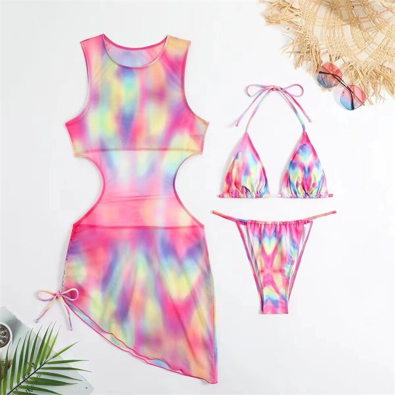 3 Piece Women's Bikini Swimsuit Top+Underwear+Short Mini Prom Dress Summer Party Beach Holiday Skirt Hot Girl Streetwear Robes