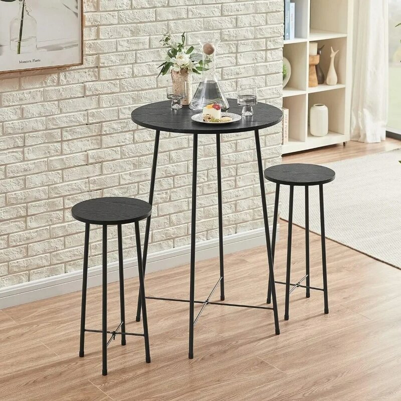 Stolik barowy trzyczęściowy zastawa stołowa, meble okrągłe i krzesła 2-częściowy zestaw, blat drewniany blat, czarny