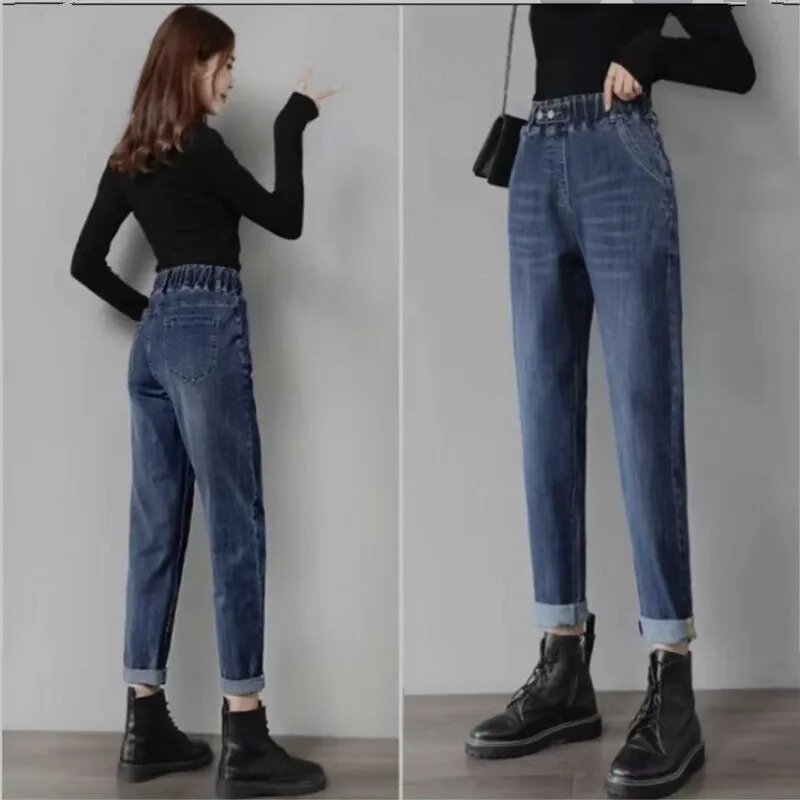 Jeans oversize 6XL per donna primavera autunno nuovi pantaloni larghi a vita alta in Denim elastico Harlan pantaloni Casual Feminina