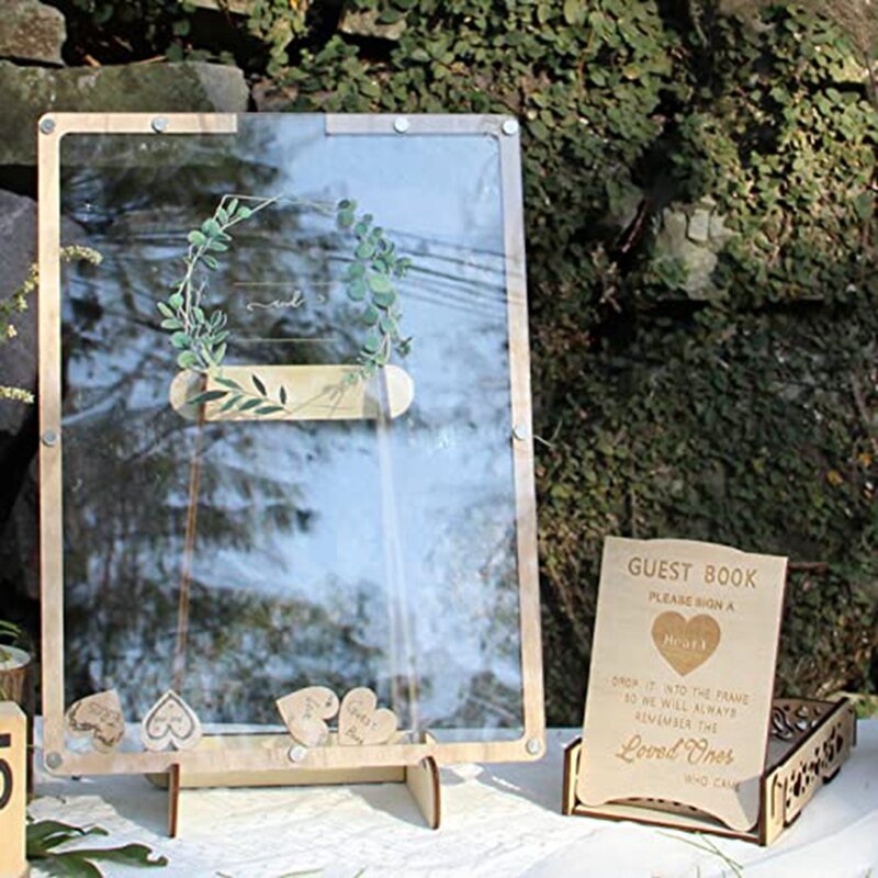 Livre d'or de mariage rustique, 80 pièces, boîte en bois en forme de cœur, durable