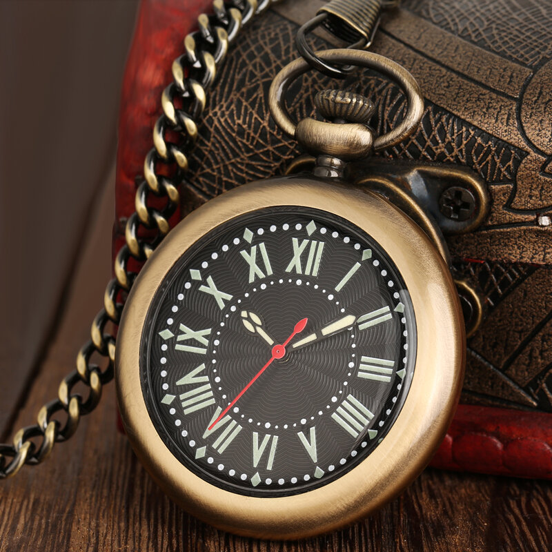 นาฬิกาควอทซ์เรืองแสงแบบโรมันสำหรับผู้ชายและผู้หญิงจี้แบบไม่มีหมวก Jam rantai สีบรอนซ์/สีดำนาฬิกาสะท้อนแสงของสะสมวินเทจของขวัญ