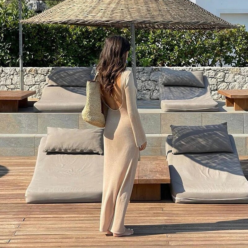 Vestido largo de manga acampanada con espalda descubierta para mujer, elegante y Sexy ropa de playa con cuello redondo, bata de noche para vacaciones, 2024