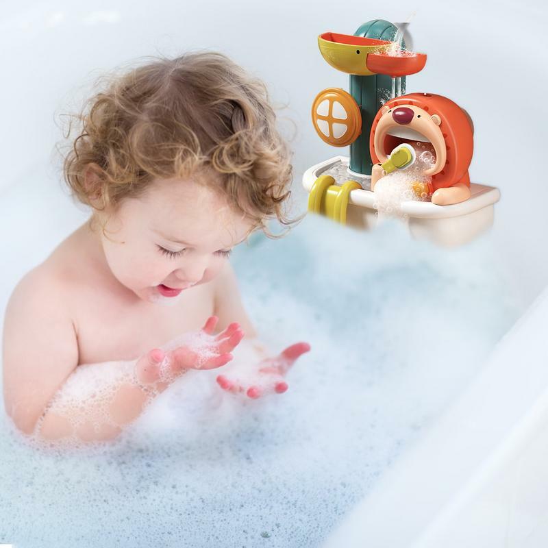 Bebê bonito leão Waterwheel banho brinquedo, pré-escolar crianças banho jogo, banheiro brinquedo, cachoeira, fácil de instalar, 4 ventosas