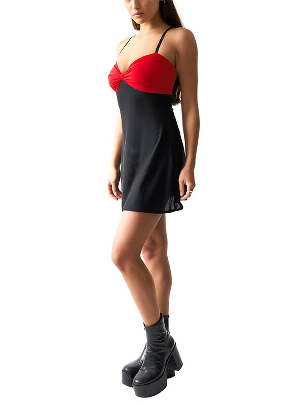 Frauen Spaghetti träger Bodycon Mini kleid Kontrast farbe V-Ausschnitt Cami Kleid Sommer rücken frei Club Party kleid