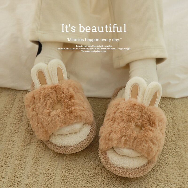 Zapatillas de felpa de lana para mujer, pantuflas silenciosas de suelo interior de conejo lindo, pantuflas de algodón cálidas para mujer, Otoño e Invierno