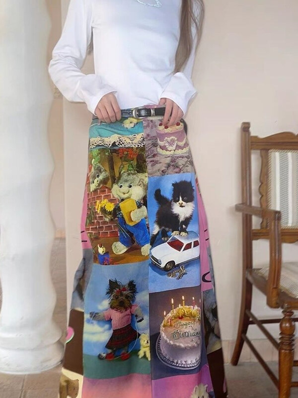 HOUZHOU-faldas largas con estampado de dibujos animados para mujer, ropa de calle Harajuku, moda gótica Retro americana, Patchwork, e-girl, Chic, Y2k, verano 2024