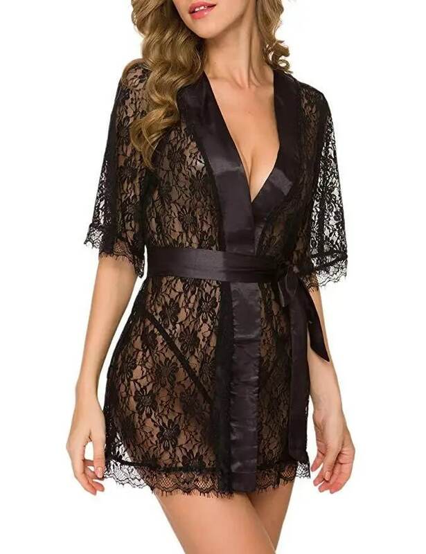 Erotic lingerie Sexy women's lace openwork sex dressing gown set