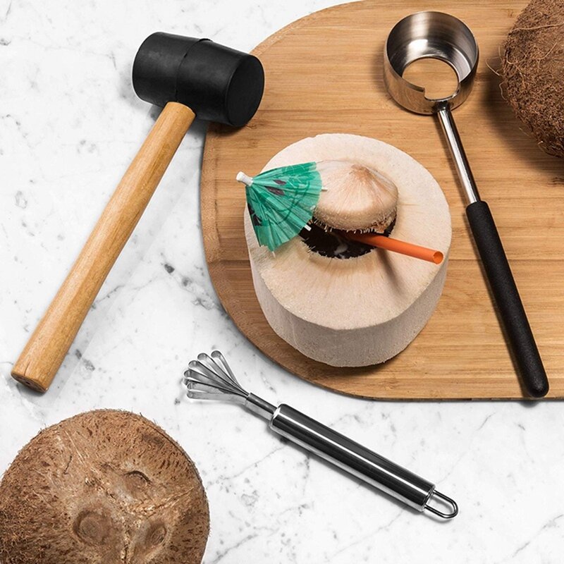 Juegos de herramientas de abridor de coco, herramienta de acero inoxidable 304, martillo de goma con mango de madera, fácil de usar, duradero