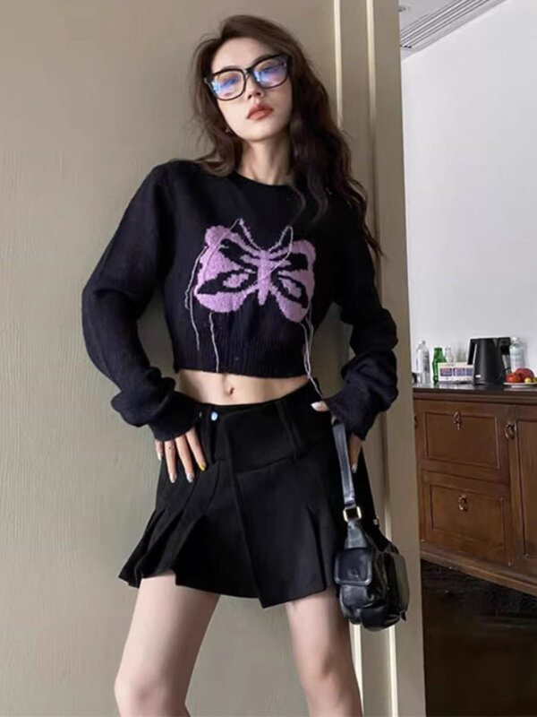 Deeptown Harajuku Mohair Cropped Sweater wanita Vintage Grunge grafis pisau Jumper Y2K atasan kasual estetika Korea Fairycore