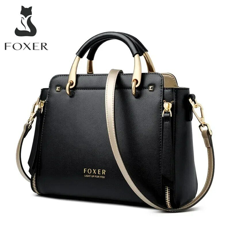 Женская сумка через плечо FOXER, черная сумка из спилковой кожи с ручками сверху, вместительная сумка, стильный мессенджер, простая шикарная Сумка-тоут,