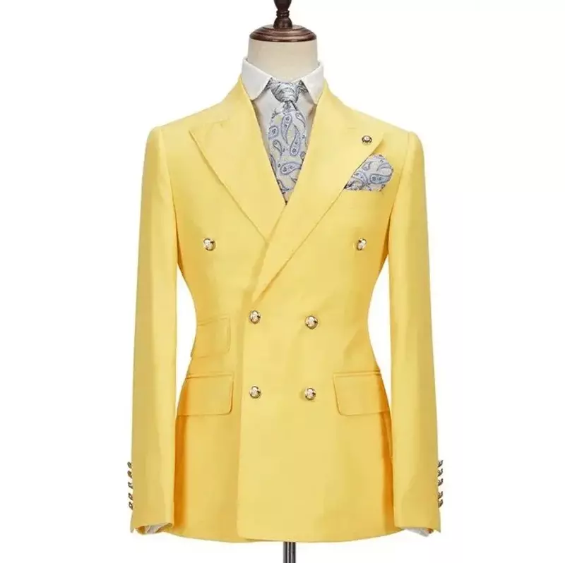 Gelbe Anzüge für Männer Chic Terno Zweireiher Peak Revers elegante Hochzeit komplette Set männliche 2 Stück Jacke Hosen