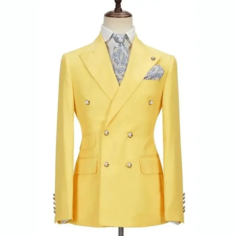 Abiti gialli per uomo Chic Terno doppio petto Peak risvolto elegante matrimonio completo Set maschile 2 pezzi giacca pantaloni