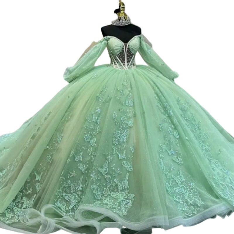 Saudyjskoarabski luksusowa miętowa zielona iluzja Quinceanera sukienki z długim rękawem słodkie 15 16 sukienka na studniówkę korowód nosić Vestidos De XV Años