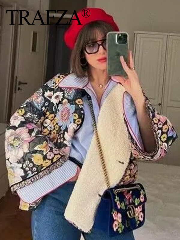 TRAFZA donna moda fiore trapuntato giacca sciolto Casual bottone manica lunga cappotto di cotone autunno femminile elegante capispalla floreale