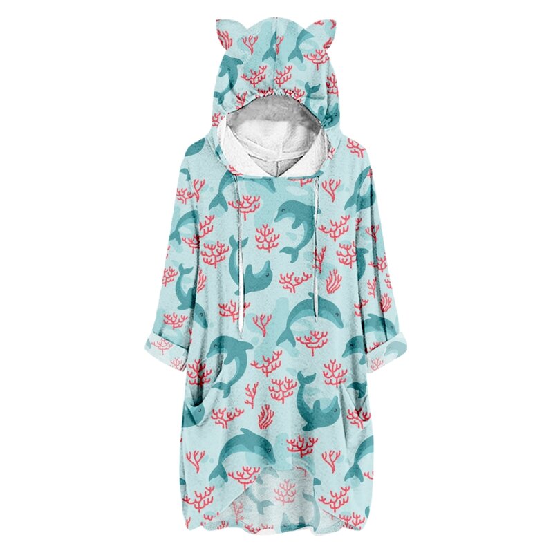 Sudadera con capucha con estampado de mundo submarino para mujer, sudadera holgada de media manga, informal, con orejas de gato
