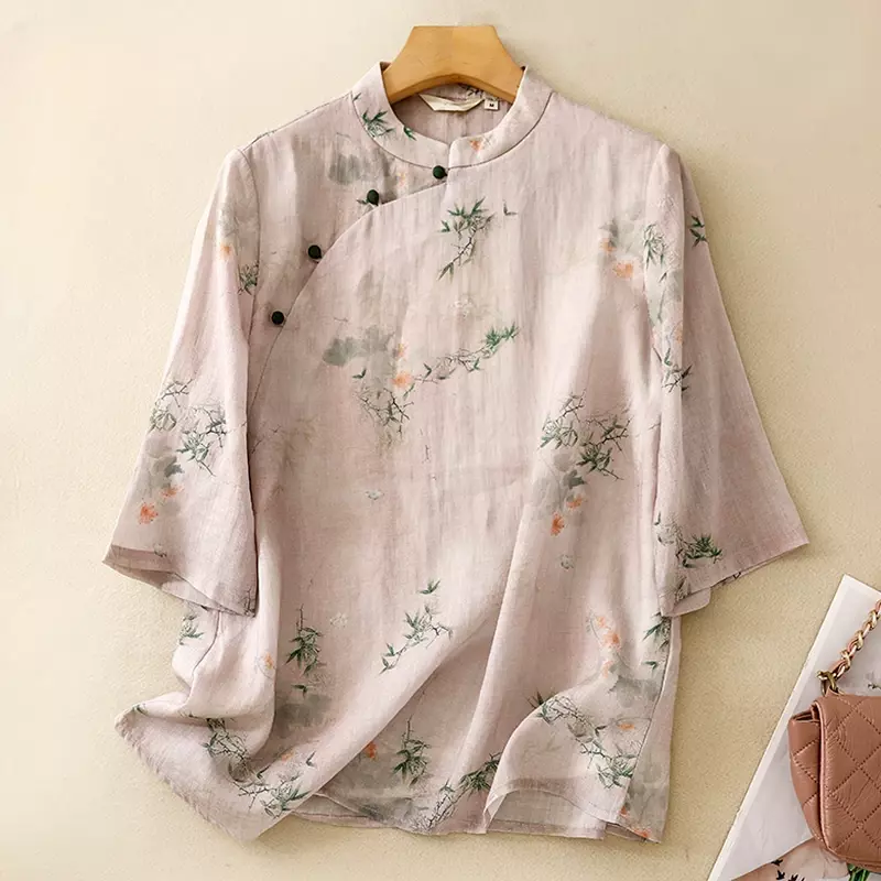 Koszule damskie w stylu vintage Letnie drukowane bluzki w stylu chińskim Luźne damskie topy z krótkim rękawem Bawełniana odzież lniana YCMYUNYAN