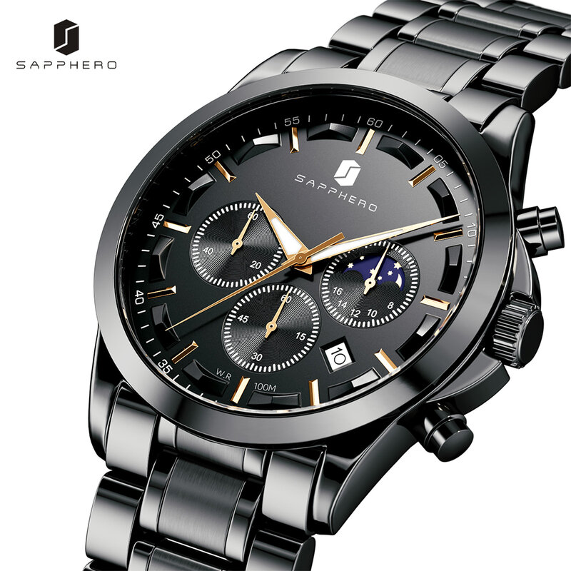 Sapphero Edelstahl Herren uhr Luxus Business Quarzuhr 100m wasserdicht lässig Datum Armbanduhr für Männer