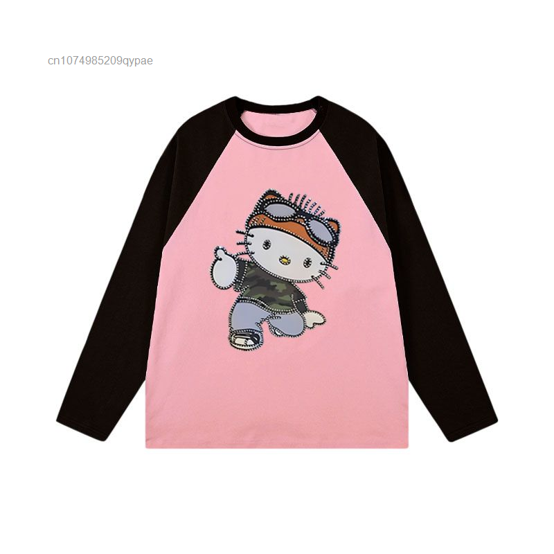 Hello Kitty Diamond Long Sleeve Tee Women's Y2k Hip Hop Street Spicy Girls T-shirt Tops American Retro New Loose Casual Clothes