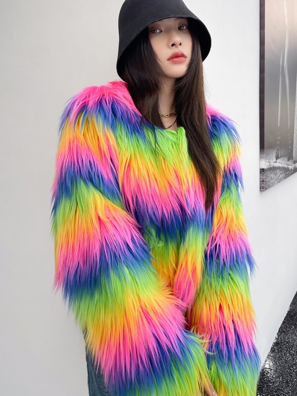 Streetwear Rainbow Striped Faux Fur Coat Women Imitation Goat Wool Luxury Furry Jacket Top Club 2022 Autumn Winter New Clothes