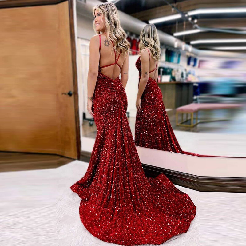 Koendye-vestido de fiesta de sirena con Espalda descubierta, brillante, cuello en V, Sexy, Formal, cóctel de lentejuelas, Gown2024