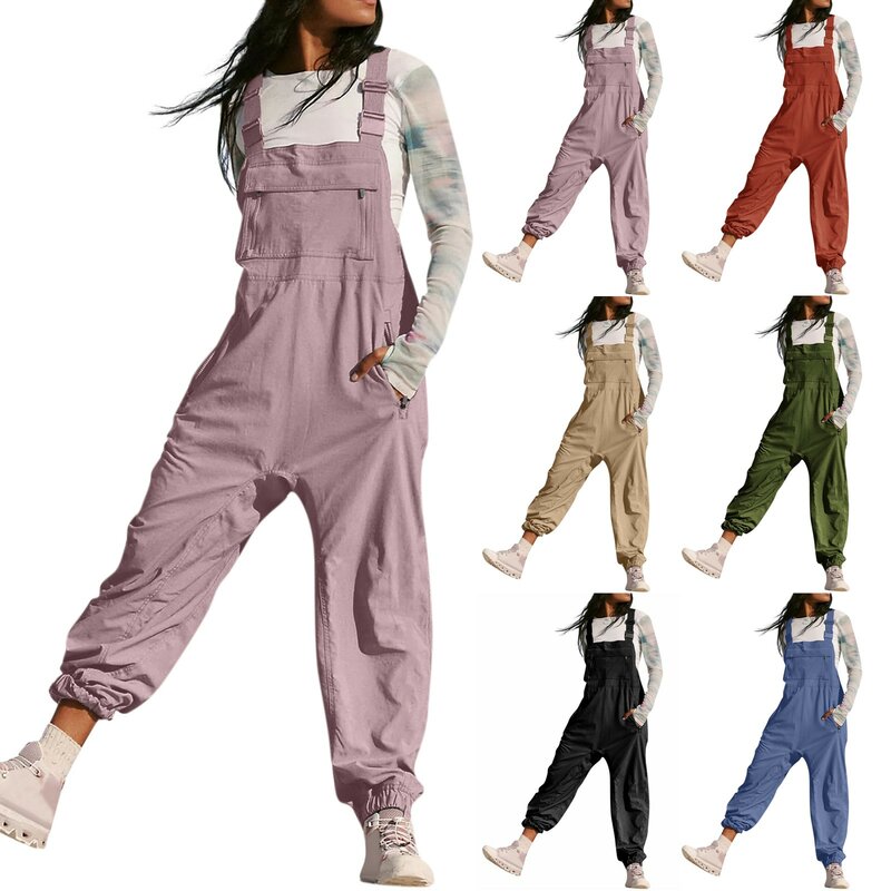 Women's Overalls Jumpsuits Casual Loose Adjustable Straps Bib Long Pant Jumpsuits With Pockets New Solid Color All-match Rompers