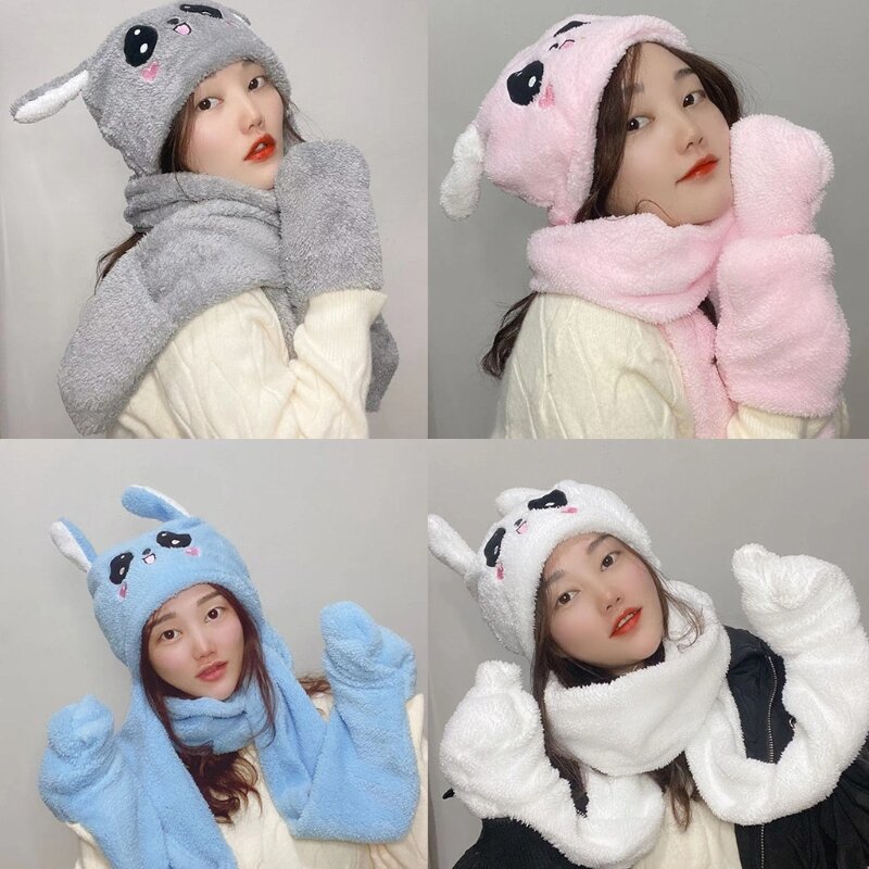 Women 3 In 1 Hooded Scarf Hat Gloves Set with Jumping Rabbit Ears Plush Warm Cap