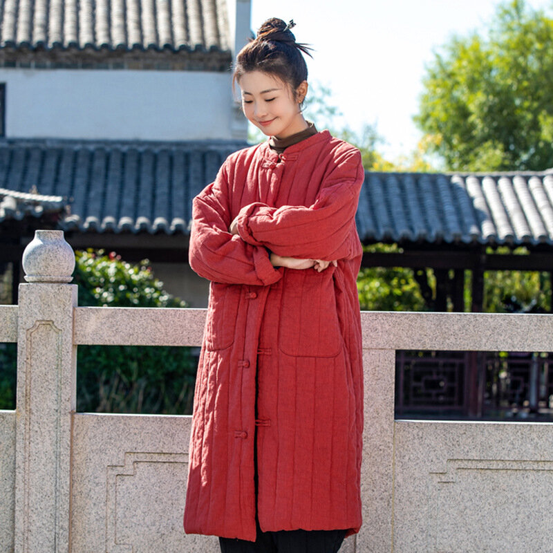 Jaket berlapis katun dan Linen wanita, jaket berlapis kapas kerah berdiri Tiongkok panjang setengah gesper gaya Tiongkok
