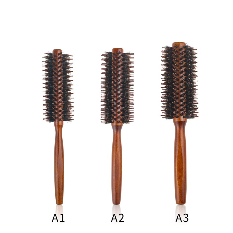 Cepillo giratorio redondo de cerdas de jabalí de sarga recta, mango de madera, barril redondo, cepillo para rizar el cabello, peine para el cabello, herramienta de peluquería