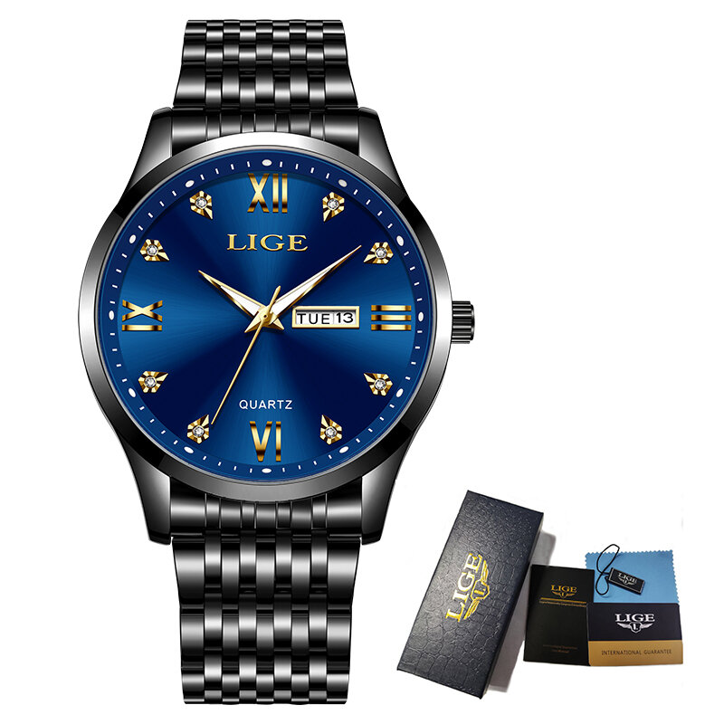 Lige-男性用高級クォーツ時計,ステンレス鋼ベルト,防水,発光,カレンダー,ビジネス腕時計,トップブランド,ファッショナブル